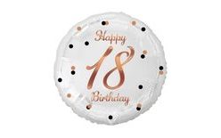 Fólia lufi fehér 18. születésnapra - Boldog Születésnapot - rózsaszín-arany felirat - 45 cm