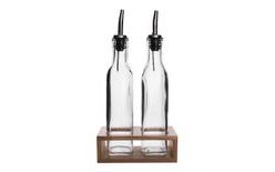 Glass Bottle Set for Oil/Vinegar with Wooden Stand (2 pcs)