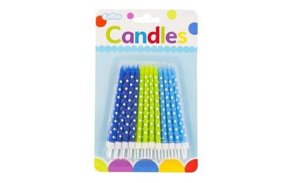 BIRTHDAY CANDLES GREEN AND BLUE WITH POLKA DOTS 24 PCS