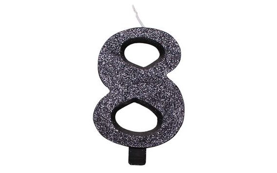 BLACK GLITTER NUMBER 8 CANDLE 9.5 CM