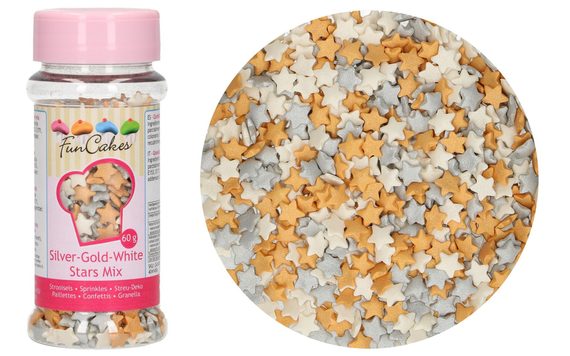 EDIBLE SUGAR DECORATING SILVER-GOLD-WHITE STARS MIX - 60 G