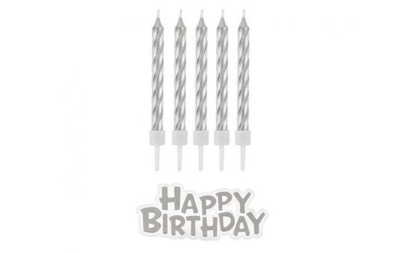 SVÍČKY NA NARODENINY - HAPPY BIRTHDAY - STRIEBORNÉ - 16 KS - 7 CM