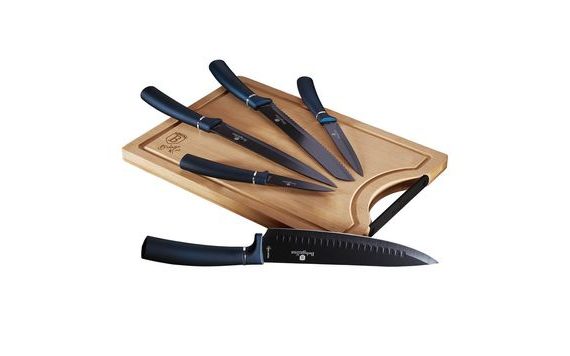 AQUAMARINE METALLIC LINE 6-PIECE NON-STICK KNIFE SET + CUTTING BOARD