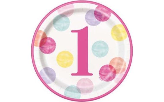 TALÍŘE 1. NAROZENINY RŮŽOVÉ S PUNTÍKY - HOLKA - 22 CM - 8 KS - HAPPY BIRTHDAY