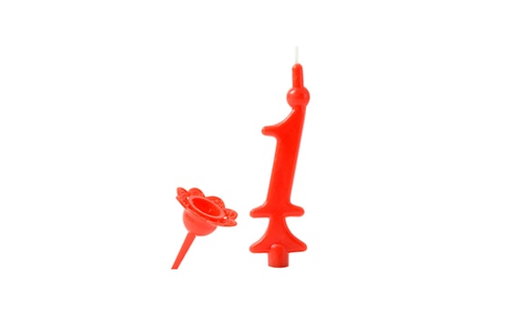 BIRTHDAY CANDLE WITH STICK-ON STAND - RED NUMERALS 1