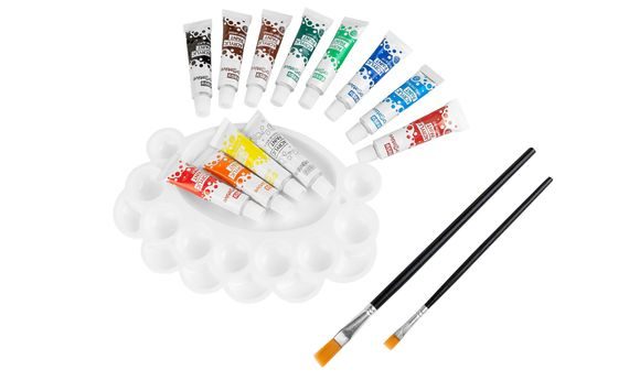 SET OF ACRYLIC PAINTS IN TUBES + BRUSHES AND PALETTE - 12 X 12ML