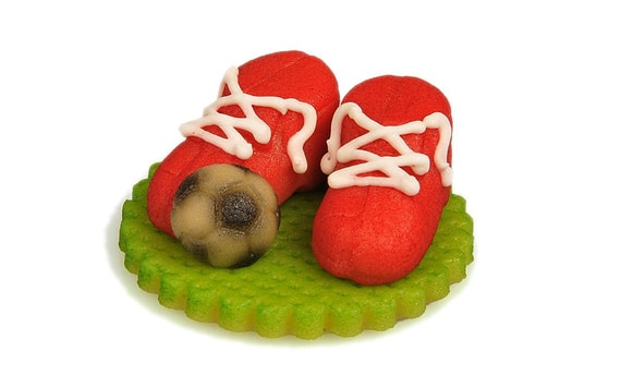 FOOTBALL BOOTS RED WITH A BALL - MARZIPAN CAKE TOPPER