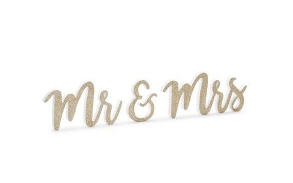 WOODEN MR & MRS SIGN - GOLD, 50 X 10 CM