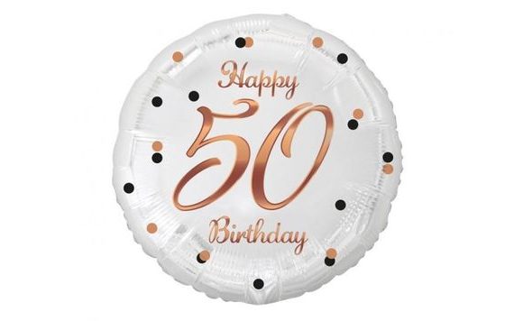 FÓLIÁS LUFI FEHÉR 50 ÉVES - BOLDOG SZÜLETÉSNAPOT - SZÜLETÉSNAP - RÓZSASZÍN-ARANY FELIRAT - 45 CM