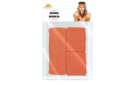 NEON ORANGE RETRO HEADBAND AND WRISTBAND SET - 80S DISCO - 3 PCS