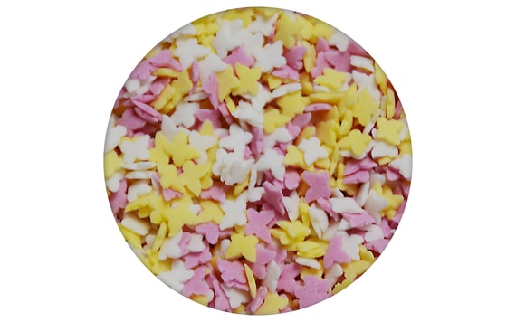 SUGAR SPRINKLE DECORATION BUTTERFLIES (WHITE, PINK, YELLOW) 50 G