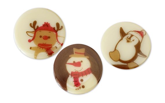 CHOCOLATE DECORATION CHRISTMAS TRIO - 3 CM ROUNDS WITH PRINT - 63 PCS