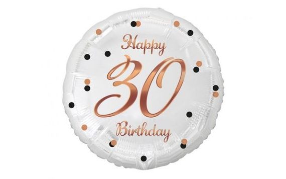 BALÓN FOLIOVÝ BÍLÝ 30 LET - HAPPY BIRTHDAY - NAROZENINY - RŮŽOVOZLATÝ NÁPIS - 45 CM