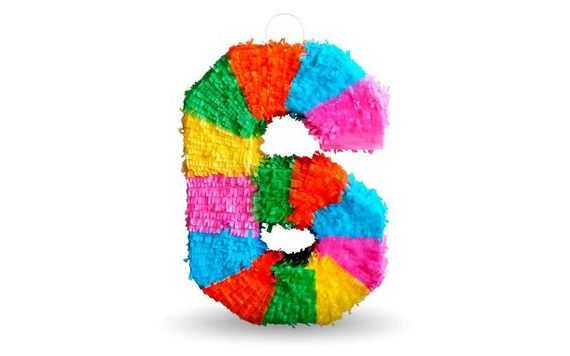 PIÑATA NUMBER " 6 " COLOURED - BREAKABLE, 50X35X7,5 CM