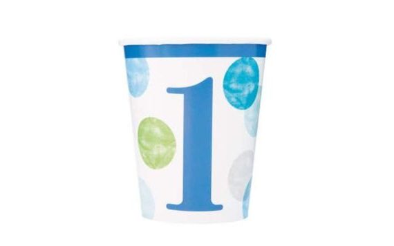 BLUE POLKA DOT PAPER CUPS FOR 1ST BIRTHDAY BOY - 270 ML - 8 PCS - HAPPY BIRTHDAY