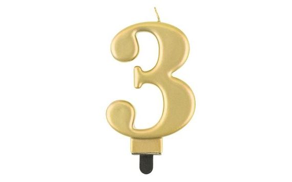 BIRTHDAY CAKE CANDLE - 3 - METALLIC GOLD - 8 CM