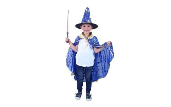 DĚTSKÝ KOUZELNICKÝ MODRÝ PLÁŠŤ S HVĚZDAMI A KLOBOUK - ČARODĚJNICE - HALLOWEEN
