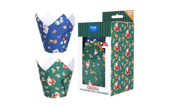 KARÁCSONYI TULIPÁN ALAKÚ MUFFINKAPSZLIK - MIKULÁS MŰHELYE (24 DARABOS CSOMAG)