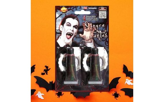 UPÍŘÍ ZUBY S UMĚLOU KRVÍ 30 ML - UPÍR - VAMPÍR - DRAKULA - HALLOWEEN - 2 KS