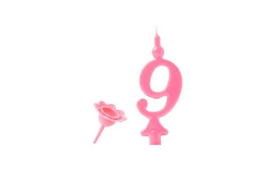 BIRTHDAY CANDLE WITH PRICKING STAND - NUMBERS PINK 9