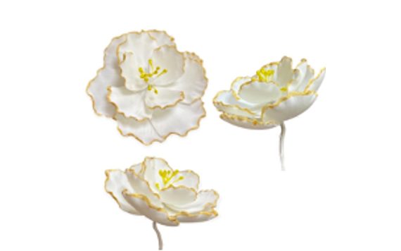 SUGAR DECORATION CAMELLIA, WHITE AND GOLD