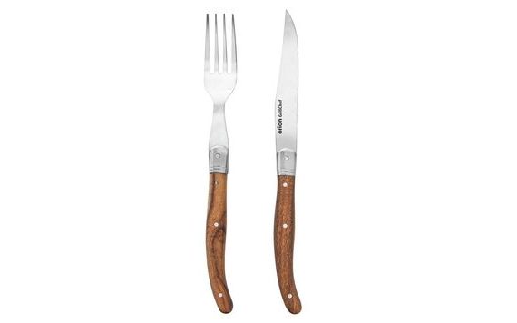 STEAK KNIFE AND FORK SET STAINLESS STEEL/WOOD