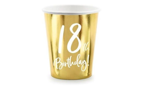 18TH BIRTHDAY PAPER CUPS - GOLD - 220 ML, 6 PCS