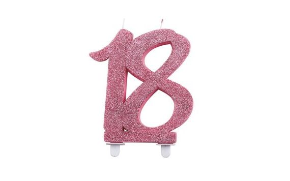 NUMBER 18 CANDLE – PINK WITH GLITTER, 12.5 CM