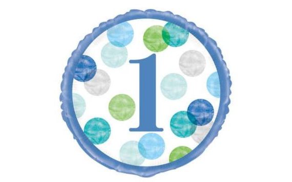 FOIL BALLOON 1ST BIRTHDAY BLUE WITH POLKA DOTS - 45 CM