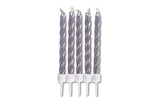 SILVER CANDLES WITH GLITTER 10 PCS INCL. STAND