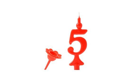 BIRTHDAY CANDLE WITH PRICKING STAND - RED NUMERAL 5