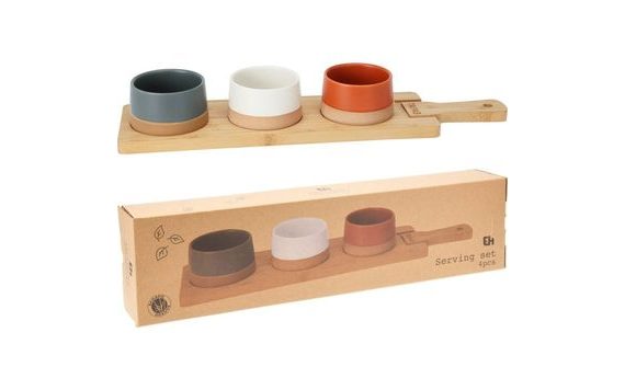 SERVING SET OF 4 SNACK BOWLS WITH BAMBOO TRAY