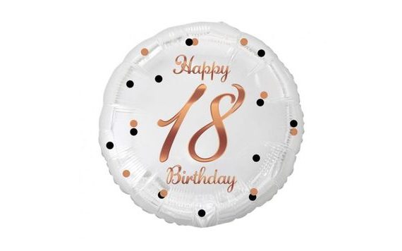 BALÓN FOLIOVÝ BÍLÝ 18 LET - HAPPY BIRTHDAY - NAROZENINY - RŮŽOVOZLATÝ NÁPIS - 45 CM