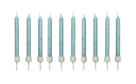 LIGHT BLUE CANDLES WITH GLITTER 10 PCS INCL. STAND