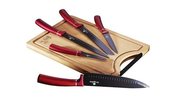 6-PIECE NON-STICK KNIFE SET + CUTTING BOARD BURGUNDY LINE
