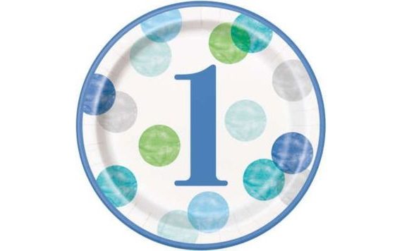 BLUE POLKA DOT PLATES FOR 1ST BIRTHDAY - BOY - 22 CM - 8 PCS - HAPPY BIRTHDAY
