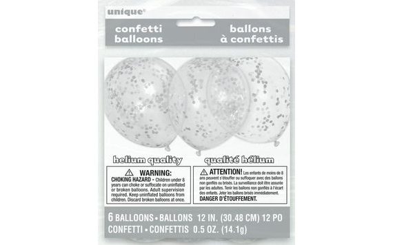 BALLOONS 6 PCS 30 CM - TRANSPARENT WITH SILVER CONFETTI