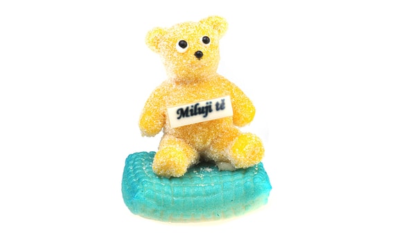 MARZIPAN CAKE TOPPER TEDDY BEAR "I LOVE YOU" (BLUE)