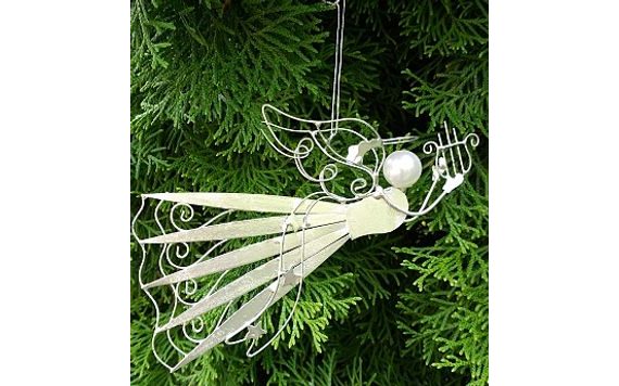 Svet cukrárov - Vánoční ozdoba na stromeček - vánoční baňka anděl s harfou  s korálky - drátěná dekorace stříbrná - Ozdoby na stromček - Vianoce, Podľa  témy