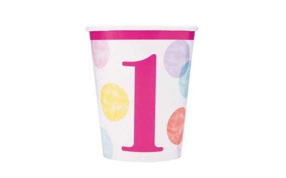 PAPÍROVÉ KELÍMKY 1. NAROZENINY RŮŽOVÉ S PUNTÍKY - HOLKA - 270 ML - 8 KS - HAPPY BIRTHDAY