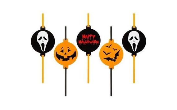 STRAWS WITH "HALLOWEEN" MEDALLION, 5 PCS