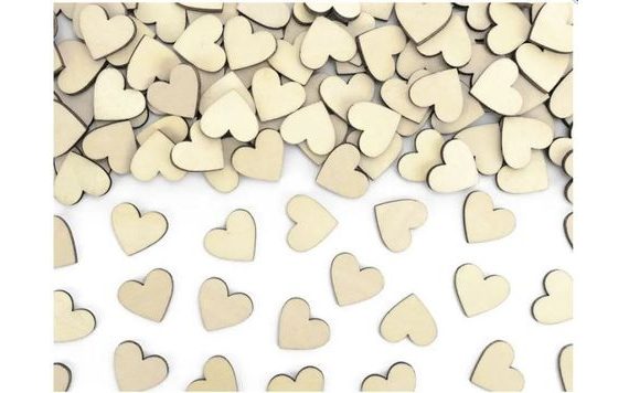 KONFETY NA STŮL DŘEVĚNÉ SRDÍČKA - SVATBA/ VALENTÝN - 50 KS