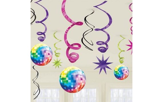 HANGING DECORATIONS PURPLE, PINK, BLUE DISCO 12PCS 90 CM