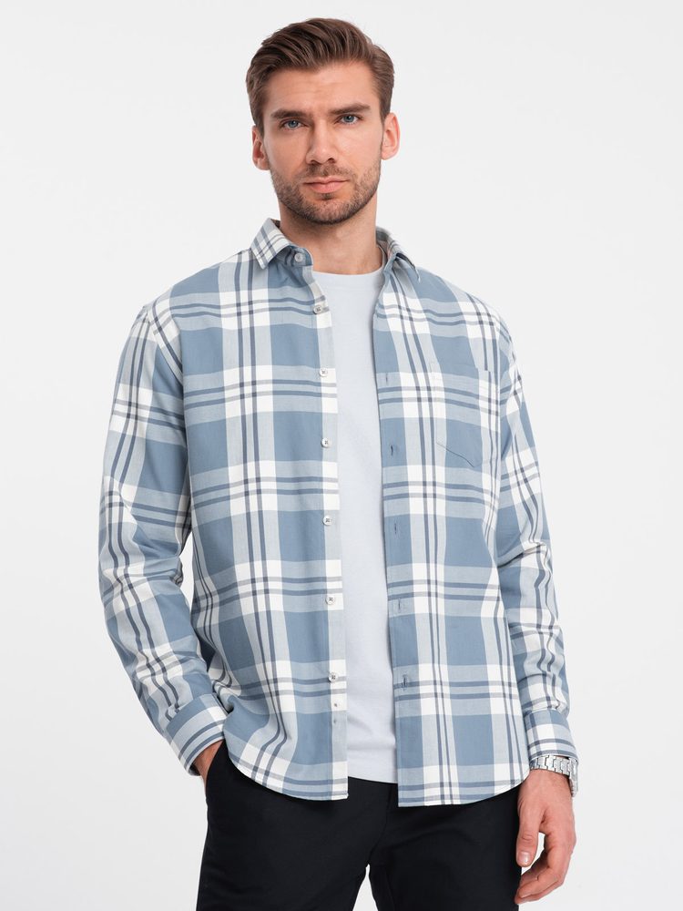 Trendy pánska košeľa s károvaným vzorom modro krémova