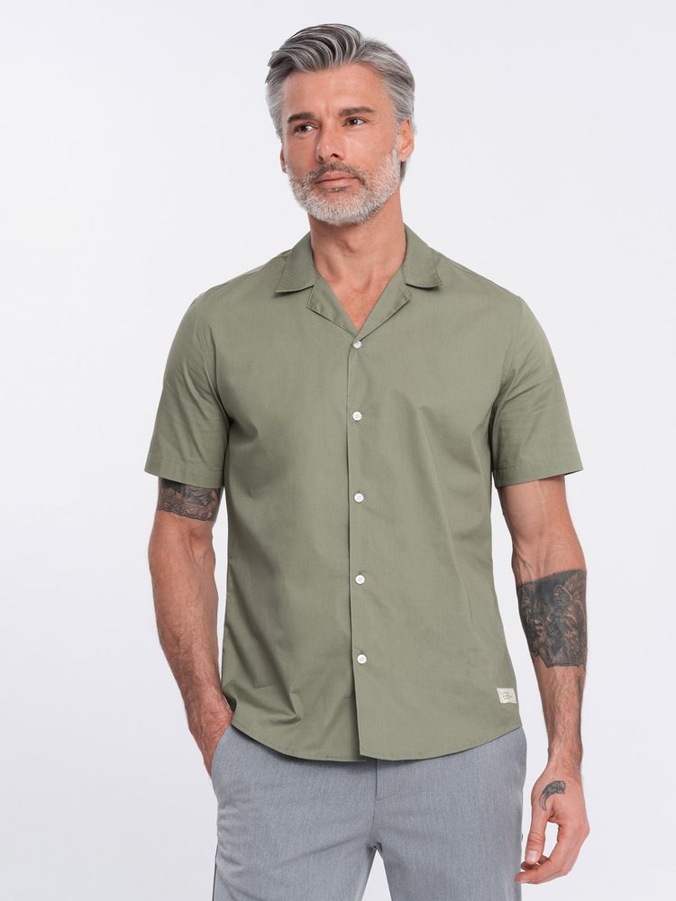 Pánska košeľa s krátkym rukávom-kubánsky golier-khaki