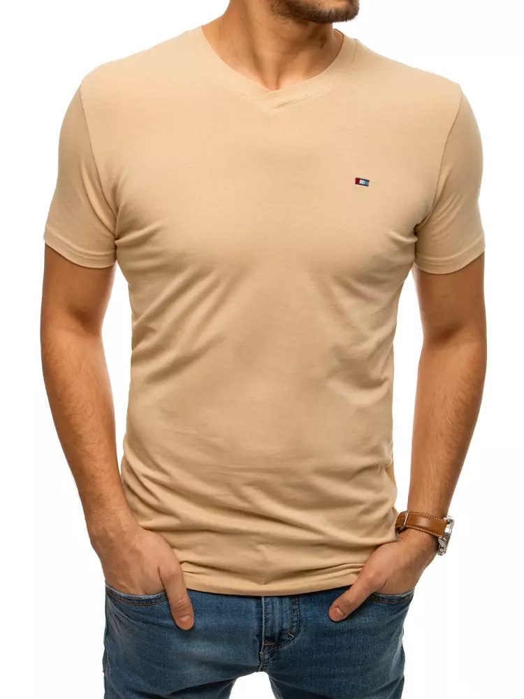 Pánske moderné tričko s krátkym rukávom a véčkovým výstrihom béžové