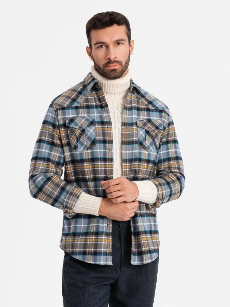 Trendy pánska košeľa s károvaným vzorom šedo žltá