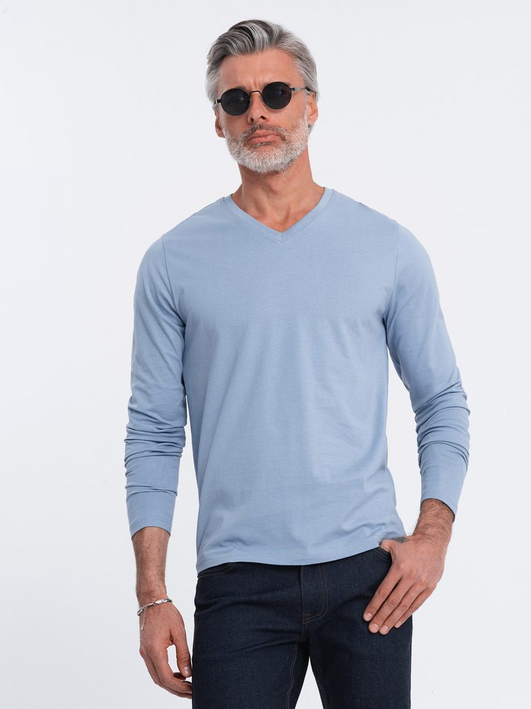 Pohodlné tričko s dlhým rukávom bez potlače modré-muži