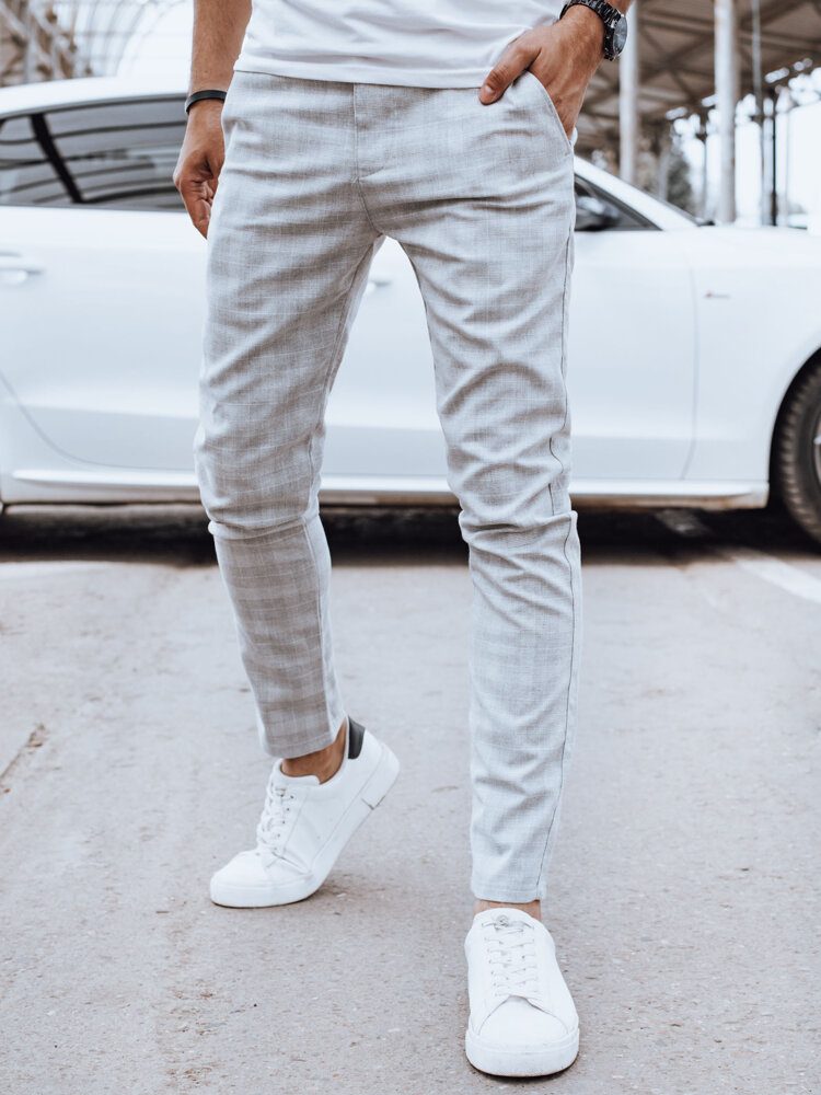 Štýlové nohavice károvaným vzorom -pre mužov- svetlo sivé
