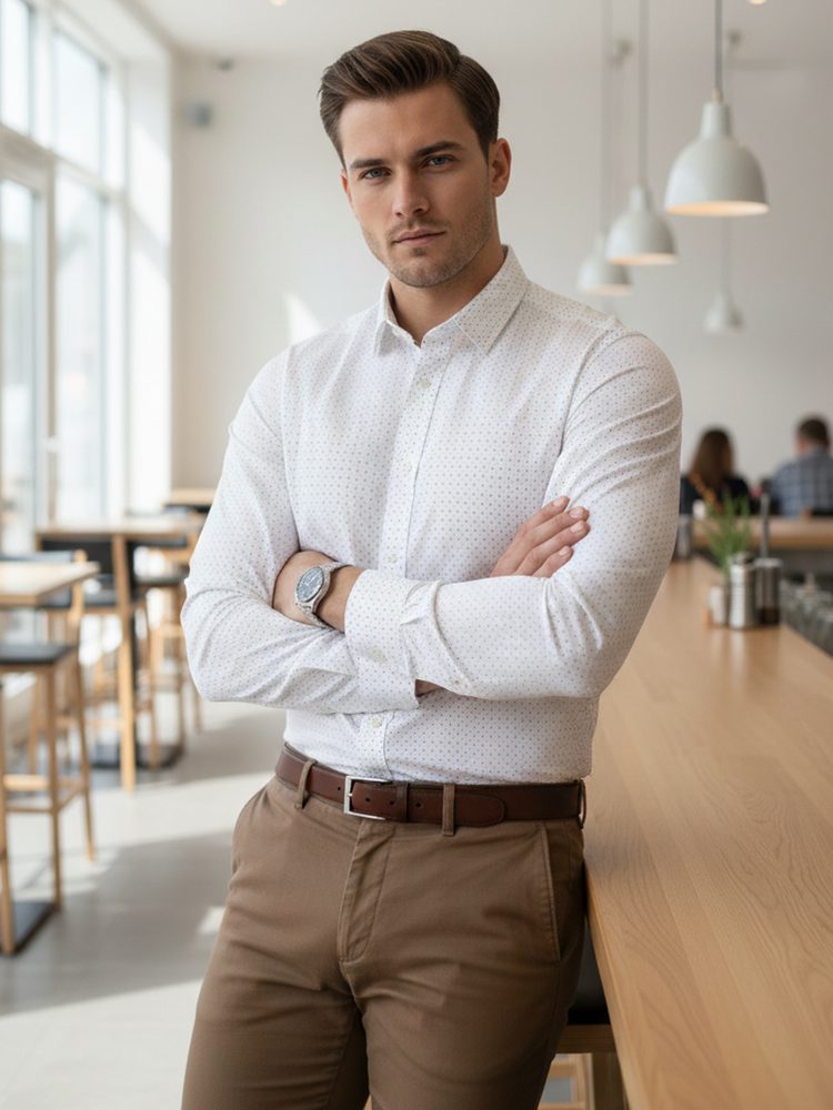 Trendy košeľa pre mužov s drobným vzorom biela